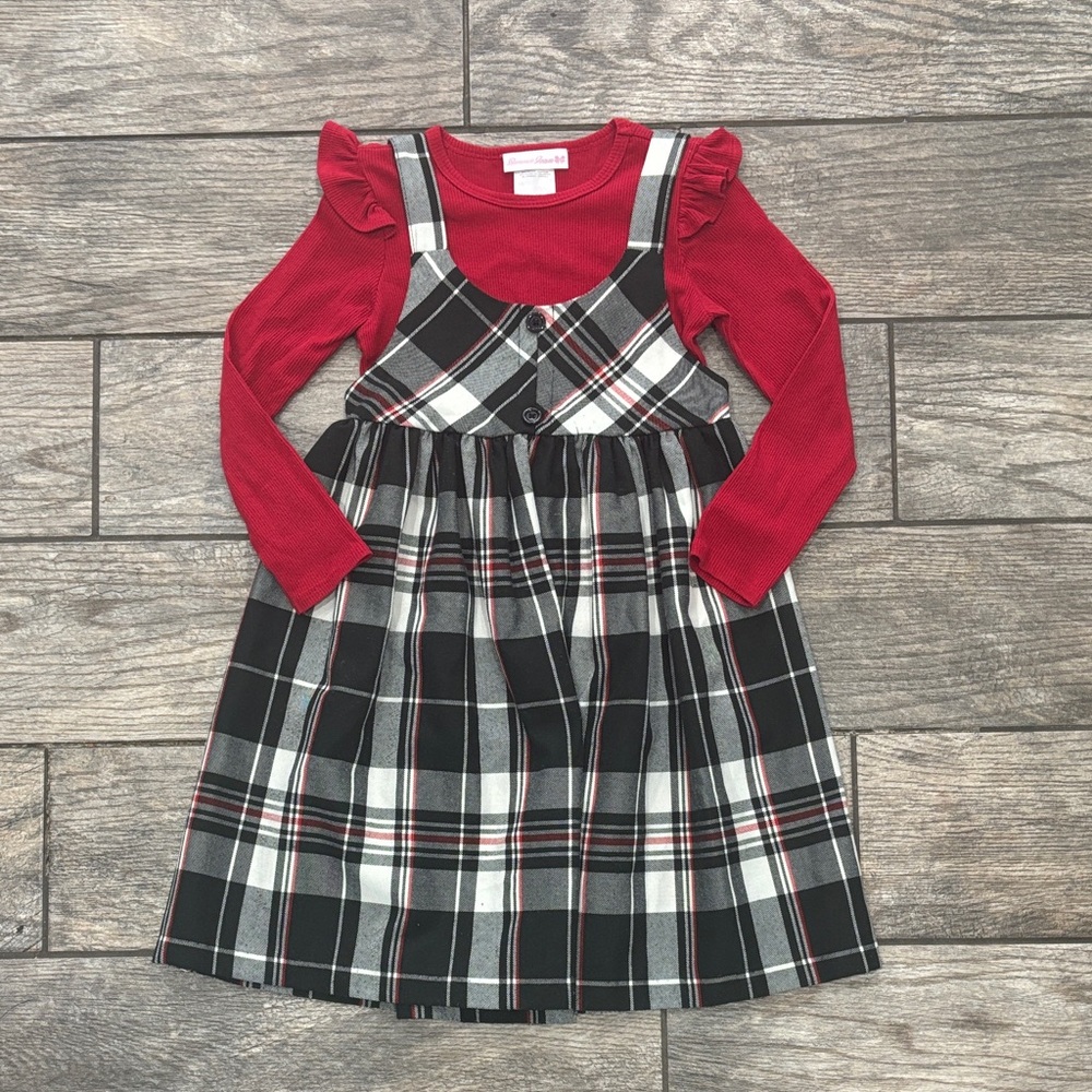 Red Long-Sleeve Top with Black & Gray Plaid Pinafore Dress - Kids